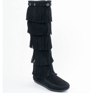 Minnetonka Fringed Suede Knee Boots, Black